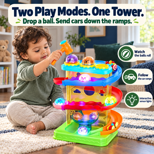 Ball Drop & Car-Ramp Tower — Two Ways to Play