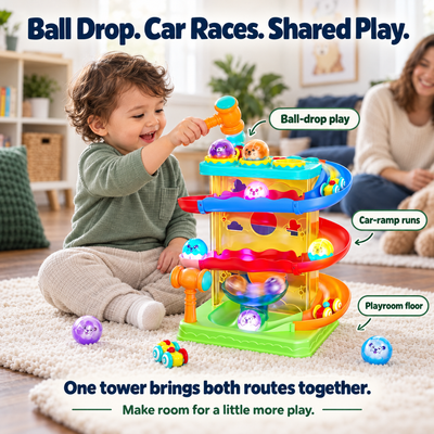 Ball Drop & Car-Ramp Tower — Two Ways to Play