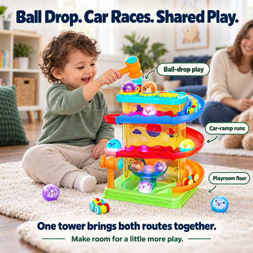 Ball Drop & Car-Ramp Tower — Two Ways to Play